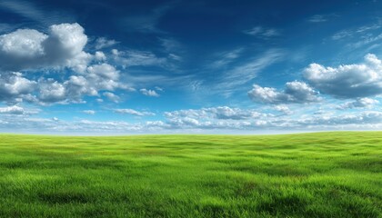Obraz premium Refreshing And Comfortable Feeling Provided By Panorama Of Green Grass Field And Blue Sky With White Clouds In Outdoor Landscape