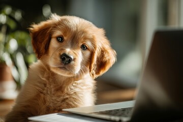 Morning delight: puppy sits like a human at a laptop. Puppy laptop. The evolution of data interaction through spatial intelligence. Puppy love. Puppy wonder.