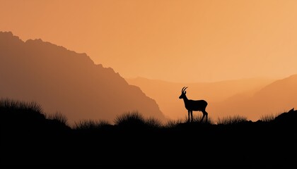 Chamois Silhouetted On Hill With Mountain Backdrop, Featuring Browns And Oranges