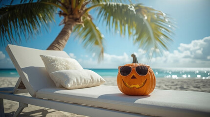 Jack-o'-lantern wearing sunglasses rests on a sunbed beside a palm tree, with a tropical beach and ocean in the background, creating a fun and festive Halloween celebration atmosphere