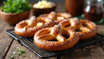 Freshly baked golden brown pretzels with coarse salt on black cooling rack. Sit on rustic wooden table. Herbs, butter, spicy dip nearby, ready for delicious snack meal. Savory food perfect anytime.