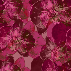 Vibrant red colors floral seamless pattern with sensual flowers in trendy pomegranate tones with hand drawn orchids flowers. Exciting botanical graphics for bedding, apparel textile, fabric, package.