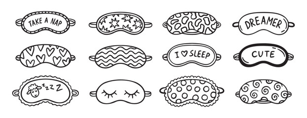cute sleeping mask doodle hand drawn icon set. Outline drawing line clipart symbol collection