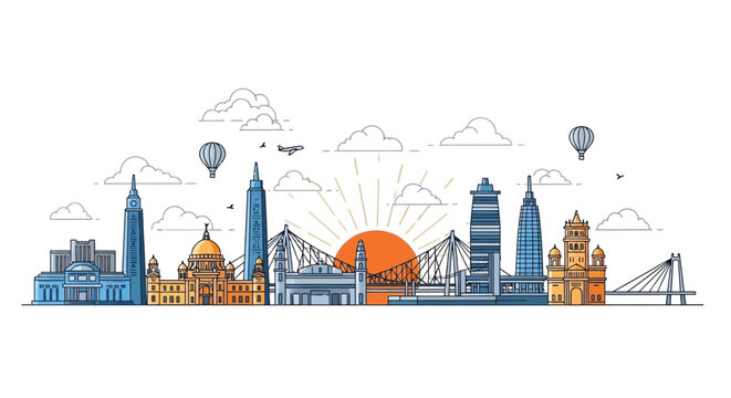 Kolkata City Skyline Line Art Illustration of the City's Landmarks