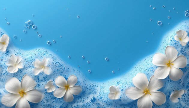 Fresh And Clean Product Advertising: Blue Background With Soap Foam, Flowers, White Lather, And Bubbles For A Refreshing Experience.