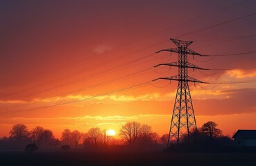 Towering electricity pylon stands against a dramatic fiery sunset sky over a dark rural landscape. Power lines stretch across the horizon above bare trees and a distant house.