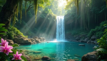 Fototapeta na wymiar Turquoise water pool below lush tropical waterfall. Sun rays stream through jungle foliage onto rocks and clear water. Pink orchids bloom in foreground, creating serene natural scene.