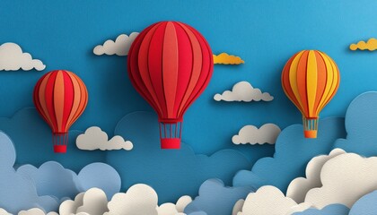 Fototapeta premium Paper Cutout Of Hot Air Balloons Floating Amongst Clouds - A Delicate And Charming Artwork Depicting The Beauty Of Flight.