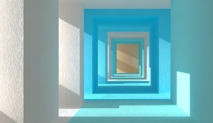 Blue and white room with a blue wall and white floor. The room is very narrow