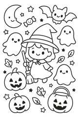 A cute vector of halloween cartoon illustration with a seamless pattern drawing