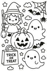 Set of funny cartoon Halloween icons: vector illustration of a witch, pumpkin, ghost, and black cat for a spooky autumn party