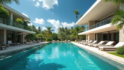 Fototapeta premium Modern luxury villa with long swimming pool, sun loungers and palm trees. Blue water reflects green tropical plants. Sunny day with white clouds.