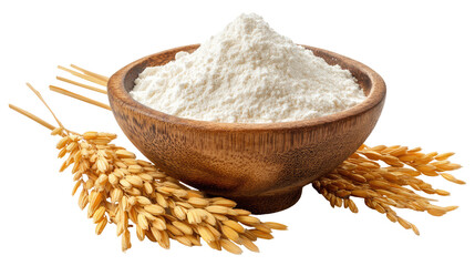Bowl of Rice Flour with Golden Rice Stalks
