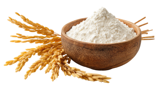 Bowl of Rice Flour with Golden Rice Stalks