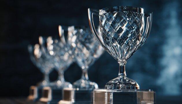 Shiny Glass Trophy With Crystal Badges On Pedestal: A Symbol Of Championship, Success, And Recognition For Hard Work. Rewarding Plexiglass Award