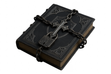 Ancient spell book with chain lock and cross