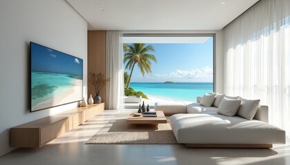 Fototapeta premium Modern living room with large window view of tropical beach and ocean. White sectional sofa and TV on wooden console table. Bright and airy space perfect for relaxation.