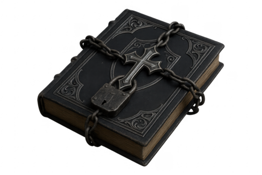Ancient spell book with chain lock and cross