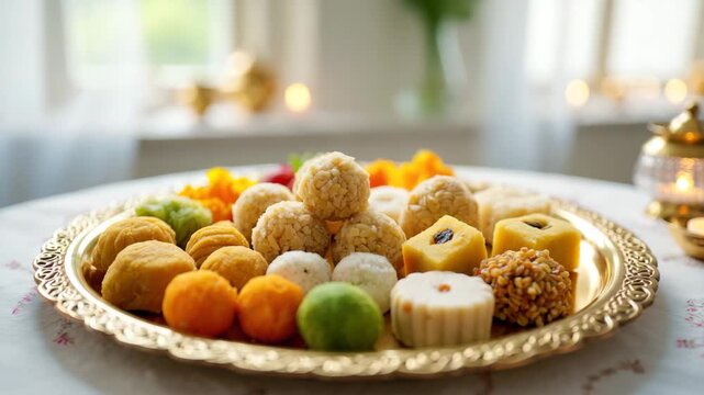 Assorted traditional Indian mithai sweets arranged on golden plate as prasad for Chhath Puja festival, festive food offering for Hindu worship, cultural devotion, spiritual celebration ritual ceremony