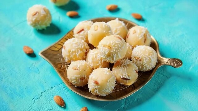 Coconut ladoo sweets served as prasad for Chhath Puja festival, traditional Indian mithai offering on brass plate, festive food for Hindu worship, cultural ritual, spiritual devotion