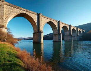 Fototapeta premium Massive stone arch bridge spans wide calm river under bright blue sky. Green grassy bank contrasts with dry reeds in foreground, distant hills rise behind.