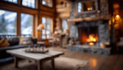 Blurry Image Of Warm Fireplace And Rustic Decor In Cozy Mountain Lodge Living Room Against Snowy Landscape. Defocused Picture.