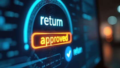Digital interface shows glowing return approved message. Modern tech screen confirms successful order return processing. User gets notification of product return approval.