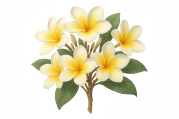 Plumeria frangipani bouquet illustration with white and yellow tropical flowers, green leaves, and buds on transparent background