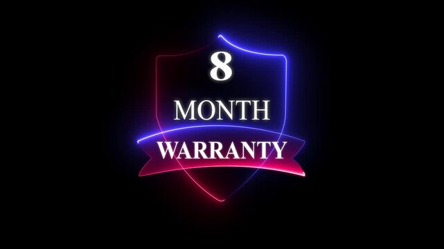 8 months neon warranty concept background. Support service icon, 8 month Warranty Stamp Imprint Seal Template. Round Rubber Stamp with Text Animation. with black background and 4k video animation