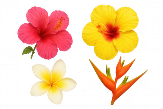 Tropical flowers set with hibiscus, plumeria, and bird of paradise plants illustrating summer blossoms - Powered by Adobe