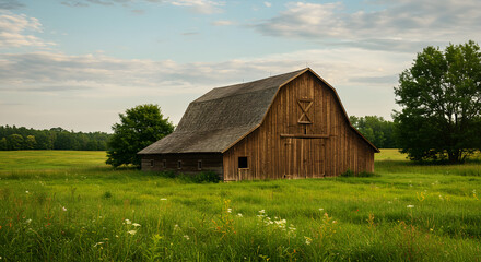 Obraz premium Classic Wooden Barn in Lush Green Field at Sunset