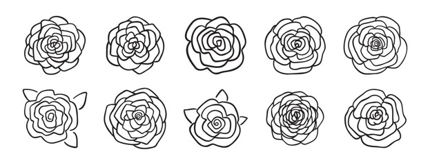 Rose bud flower doodle hand drawn icon set. Outline drawing rose bud flower line clipart symbol collection