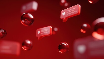 Floating Notification Bubbles On Red Interface: Highlighting Like, Comment, And Mail Alert Counts For Enhanced User Engagement On Digital Social Media Platforms.