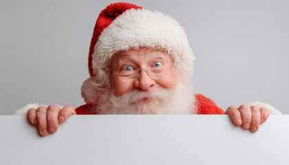 Jolly And Adorable Santa Claus Playfully Poses Behind Blank Signboard, Offering Plenty Of White Copy Space For Messages And Designs.