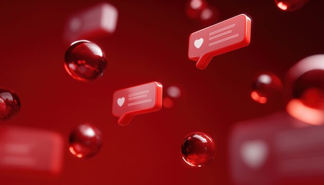 Floating Notification Bubbles On Red Interface: Highlighting Like, Comment, And Mail Alert Counts For Enhanced User Engagement On Digital Social Media Platforms.