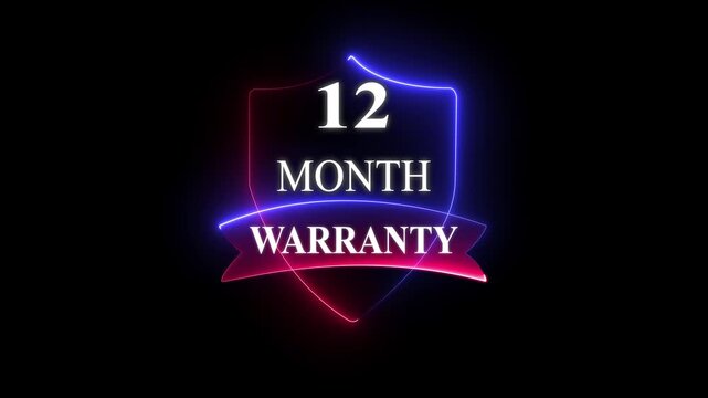 12 months neon warranty concept background. Support service icon, 12 month Warranty Stamp Imprint Seal Template. Round Rubber Stamp with Text Animation. with black background and 4k video animation