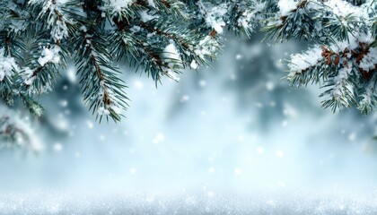 Festive Christmas And New Year Bottom Horizontal Border With Xmas Tree Branches Covered In Snow For Holiday Decoration.