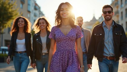 Group of friends walk along street in sunlight. Diverse stylish young adults smile. People enjoy urban life. Positive mood reflects teamwork and casual fashion.