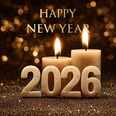 Two Lit Candles with ‘2026’ Between Them, ‘Happy New Year’ Text Above, on Sparkling Golden Background, Warm Glow, Festive Holiday Celebration Design.