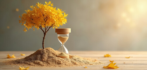 Still life composition features a tree and hourglass on wooden surface. Sand flows through the hourglass representing time. Yellow leaves scattered around symbolize the passage of time and aging.