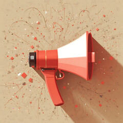 A red and white megaphone casting a shadow on a textured, beige background with scattered red shapes.