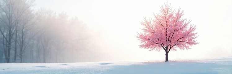 Obraz premium Lone pink tree stands in snow covered field with gentle mist on trees behind. Bright white sky backdrops the frosted branches and soft snowy ground.