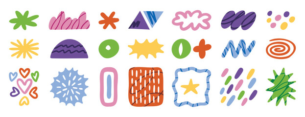 Abstract doodle elements with spirals, plants and wavy lines in naive style. Hand drawn.