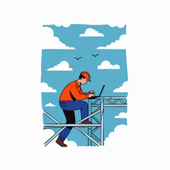 A construction worker in an orange shirt and a hard hat works on a laptop while standing on scaffolding against a blue sky background.