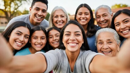 Happy multi-generational Hispanic family taking a joyful selfie outdoors, celebrating togetherness and love.