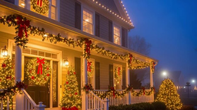 Beautifully decorated house with glowing Christmas lights, festive garlands, and wreaths on a cozy winter evening, creating a warm holiday display.