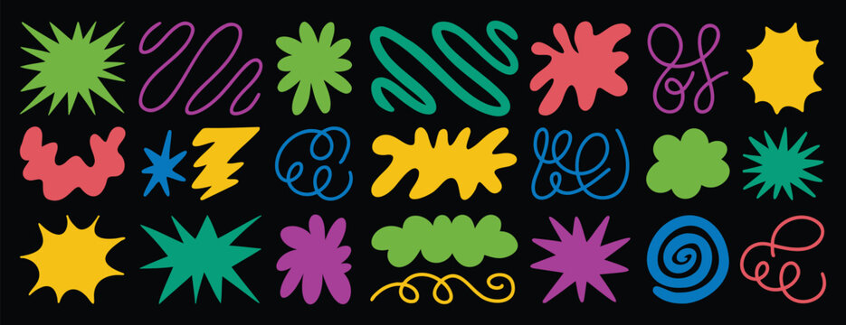  Groovy funky abstract elements trendy funky set. Star, flower, cloud shape, line sticker pack, waves. Trendy retro 60s 70s 90s 00s cartoon style.