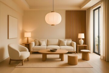 Fototapeta premium Experience serene living in this elegantly furnished, modern living room with warm, inviting light and natural textures for a calming and stylish home ambiance