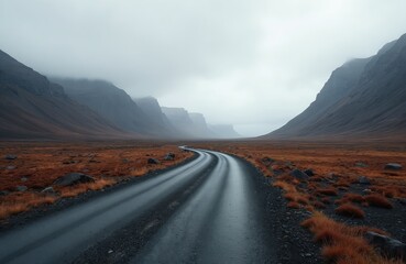Winding road leads through vast valley with dark tall mountains. Orange red moss covers rugged ground. Grey overcast sky hangs low over empty wild landscape. Remote path invites lonely exploration,