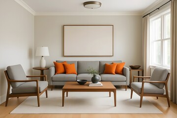 Stylish living room interior with modern furniture, inviting atmosphere and blank canvas for creative projects plus vibrant cushions and natural light